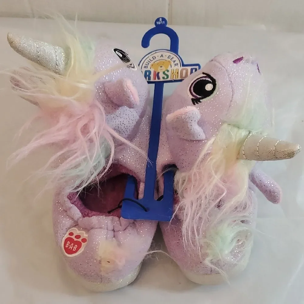 Build-A-Bear Unicorn Slippers Kids Small 11/12 Lavender With Rainbow Hair